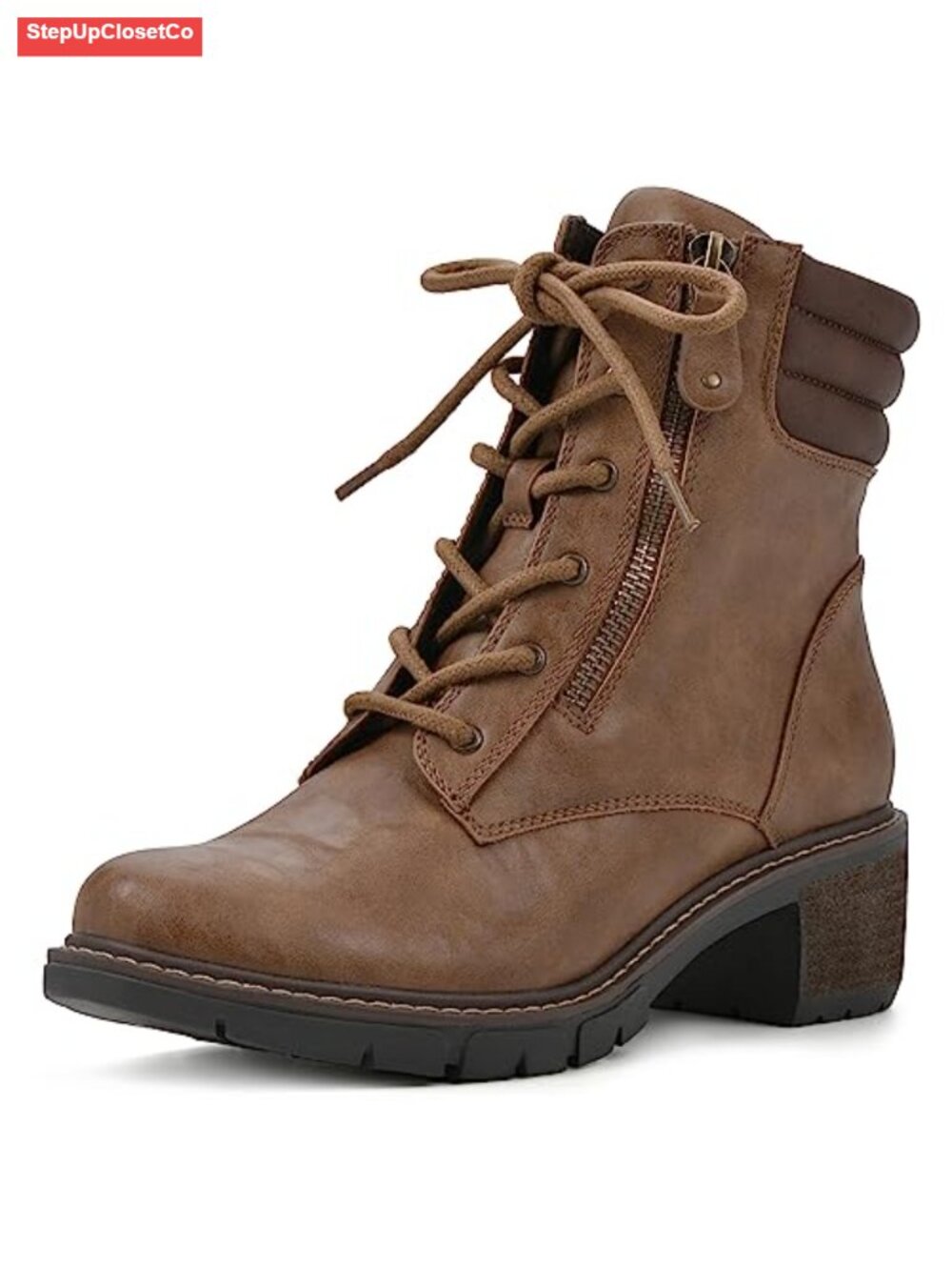 Crazies Block Heel Combat Boot Padded Collar Zip Lace Up PU